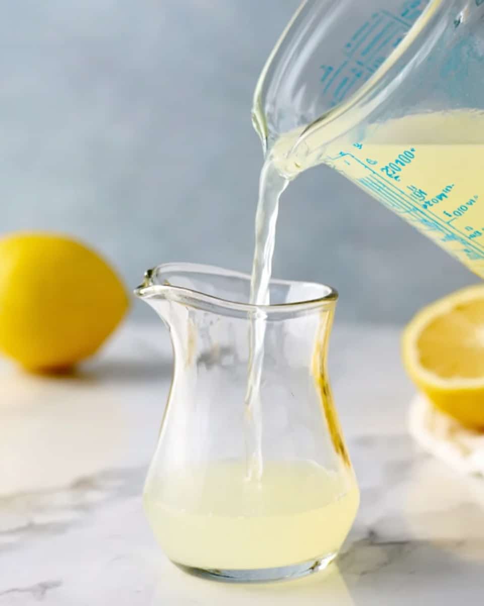 A clear glass measuring cup with blue markings is pouring pale yellow liquid into a clear glass carafe. The carafe sits on a white marbled surface. In the background, there is a whole yellow lemon and a lemon half, slightly out of focus. The scene is bright with soft natural light. photo taken with an iphone --ar 4:5 --v 7