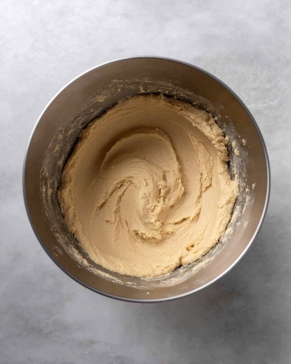 A top-down view of a round silver metal mixing bowl filled with a single layer of light tan, smooth dough with a slightly uneven texture. The dough is pressed flat against the bottom of the bowl with some swirl marks visible, and small bits stick lightly to the sides of the bowl. The bowl is placed on a white marbled surface. photo taken with an iphone --ar 4:5 --v 7
