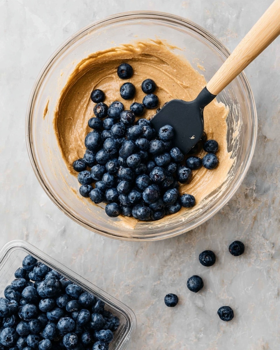 A clear glass bowl holds a light brown batter with a smooth and slightly thick texture. On top of the batter, there is a pile of fresh, shiny dark blue blueberries scattered mostly to one side. A black spatula with a wooden handle rests in the bowl, partially touching the batter and blueberries. Next to the bowl, on a white marbled surface, there is a clear plastic container filled with more blueberries, with a few loose berries scattered nearby. Photo taken with an iphone --ar 4:5 --v 7