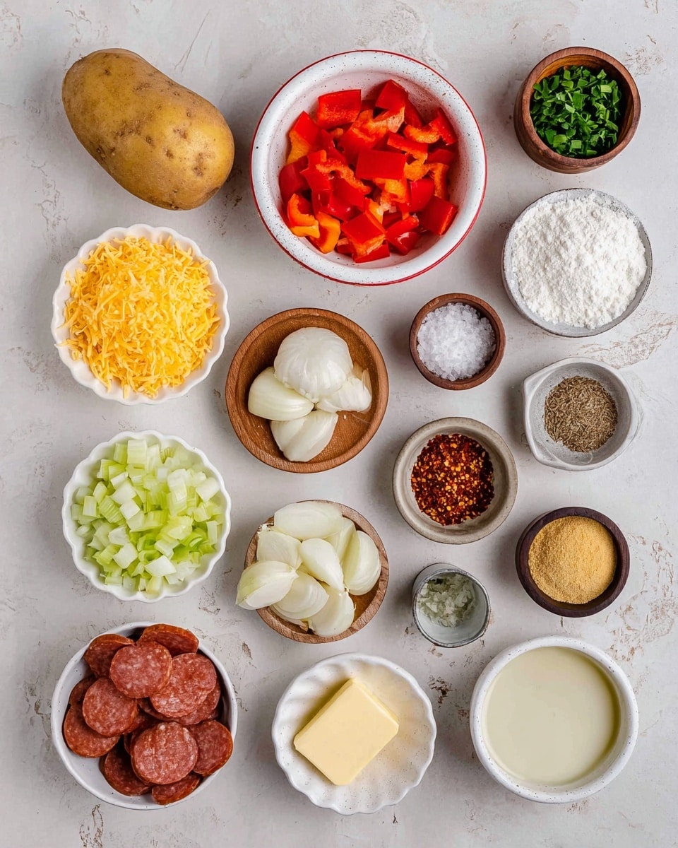 The image shows various chopped and whole ingredients arranged neatly on a white marbled surface. There is a single whole potato, diced red bell peppers in a white bowl with a red rim, white flour in a small white scalloped bowl, shredded cheddar cheese in a small wooden bowl, and a translucent liquid in a small white bowl. Other items include chopped celery in a white scalloped bowl, diced white onion in a white bowl with a red rim, three garlic cloves in a small wooden bowl, a pat of butter on a round wooden plate, a creamy white liquid in a white bowl, light brown seasoning in a white speckled bowl, black pepper in a small wooden bowl, chopped green herbs in a small metallic container, reddish sliced sausage in a white bowl, red spices and chili flakes in a white speckled bowl, and white salt in a small dark wooden bowl. All items are placed in a grid-like layout across the surface. Photo taken with an iphone --ar 4:5 --v 7