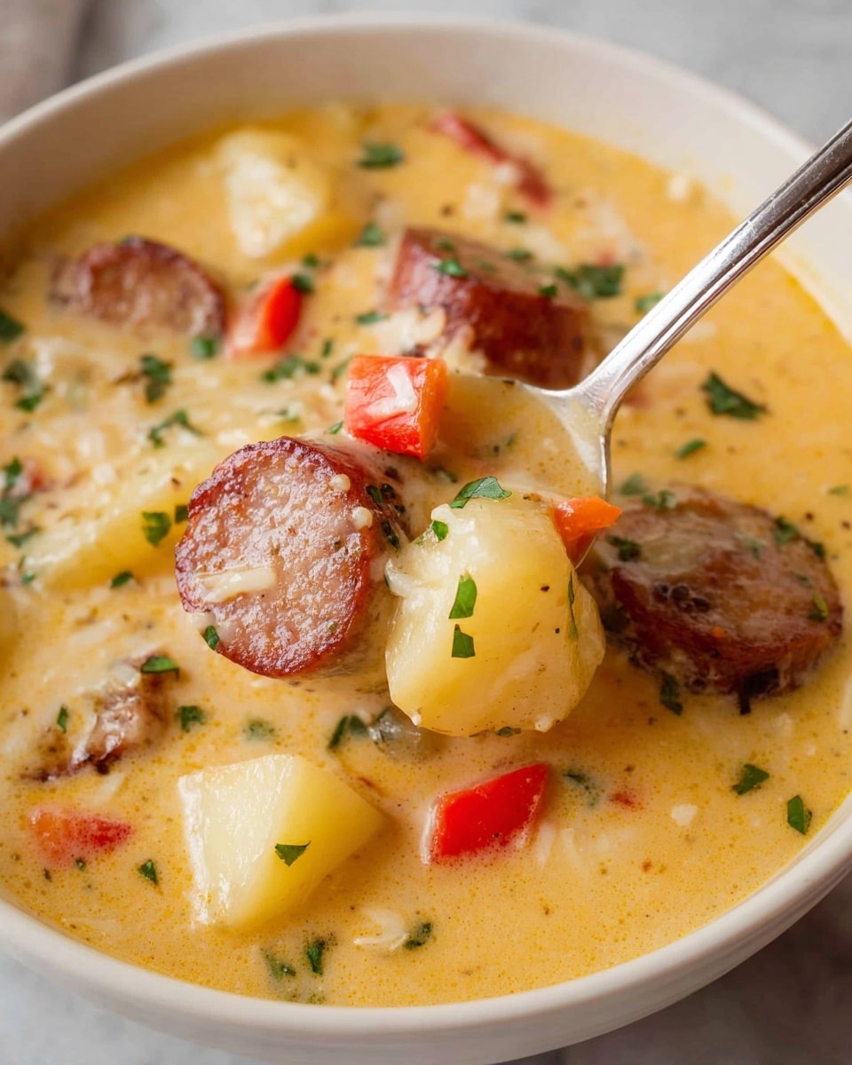 A close-up view of a creamy soup in a white bowl placed on a white marbled surface, showing thick, yellowish broth with visible chunks of light beige potatoes, browned sausage slices, and small red bell pepper pieces. The soup also has scattered green herbs and tiny bits of cheese on top, adding texture and color contrast. A spoon with a shiny silver handle holds a scoop of the soup, featuring a round sausage slice, a potato chunk, and red pepper, all coated with the thick creamy broth. Photo taken with an iphone --ar 4:5 --v 7