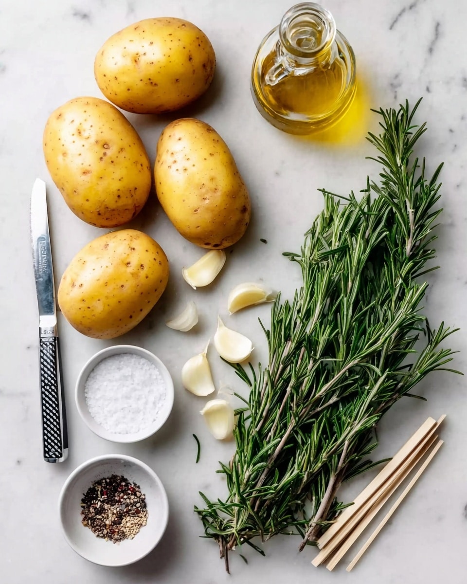 The image shows five yellow potatoes arranged on a white marbled surface, with a bunch of fresh green rosemary placed next to them on the right side. Below the potatoes, there are five peeled garlic cloves. Above the potatoes, a small white bowl filled with coarse salt is placed near a glass bottle of golden olive oil. To the right of the salt bowl is another white bowl holding cracked black pepper. A silver knife with a black and white handle lies on the left side of the potatoes, its blade facing up. Two thin wooden sticks are visible to the far right of the rosemary. photo taken with an iphone --ar 4:5 --v 7
