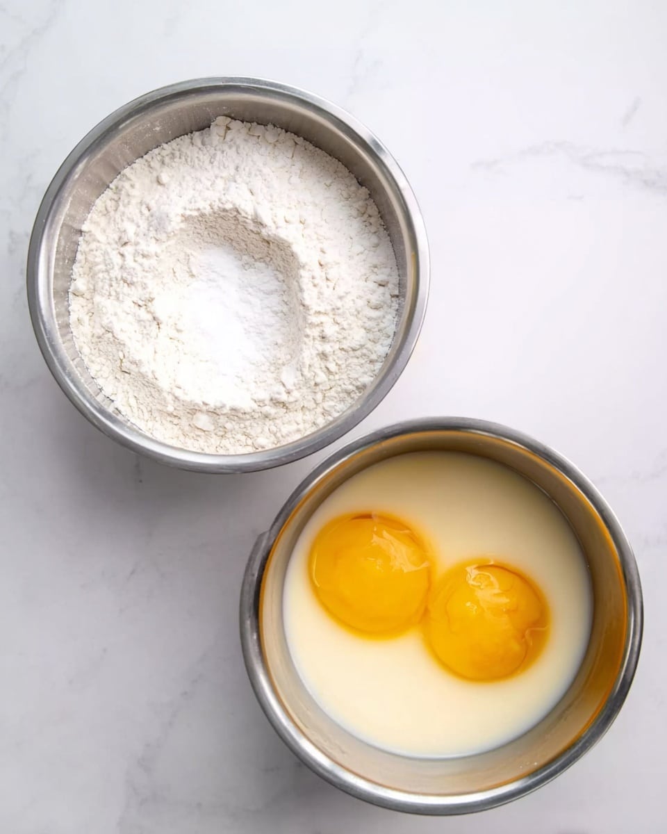 The image shows two metal bowls on a white marbled surface. The bowl on the left has a mix of white flour and sugar with a small indentation in the middle, creating a powdery texture. The bowl on the right holds a liquid mixture of milk with two bright yellow egg yolks floating on top, showing a smooth and shiny surface. photo taken with an iphone --ar 4:5 --v 7