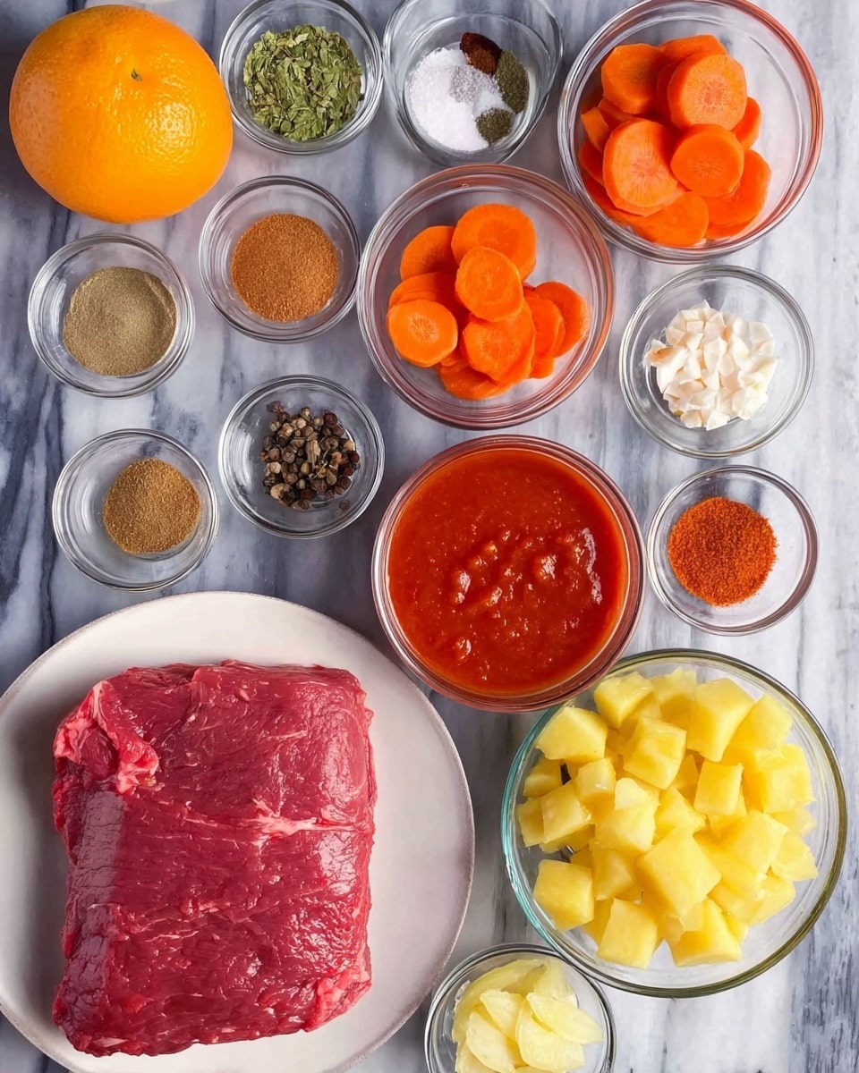 The image shows many small clear bowls and plates with different cooking ingredients arranged on a white marbled surface. At the bottom left, there is a large piece of raw red meat on a white plate. Above the meat, there are small clear bowls with green spices, light brown powder, light brown liquid, and a small amount of white salt. To the right of the meat, there are round slices of orange carrots in a clear bowl. Above the carrots, a large white bowl holds bright red tomato sauce. Next to the tomato sauce, a clear bowl has diced yellow potatoes. Above all these, there are small clear bowls containing green spices, orange zest, white granules, and dark chili powder. Top left shows a whole orange on the white marbled surface. Photo taken with an iphone --ar 4:5 --v 7