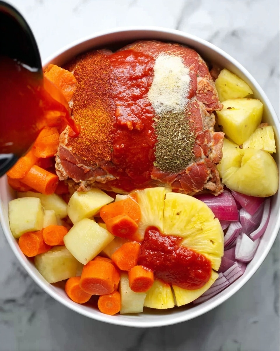 The image shows a white bowl with four layers of ingredients. The first layer is a mixture of chopped yellow potatoes, carrot slices, and quartered red onion pieces spread evenly at the bottom. On top of this, there is a large piece of raw meat covered with several different spices in distinct piles, including red, white, and orange powders. In the next layer, a woman's hand is pouring bright red tomato sauce over the meat, spreading it almost fully across the surface. The final layer shows the meat now covered with a few circular slices of yellow pineapple, resting on the bed of colorful vegetables underneath. The bowl is placed on a white marbled surface. Photo taken with an iphone --ar 4:5 --v 7
