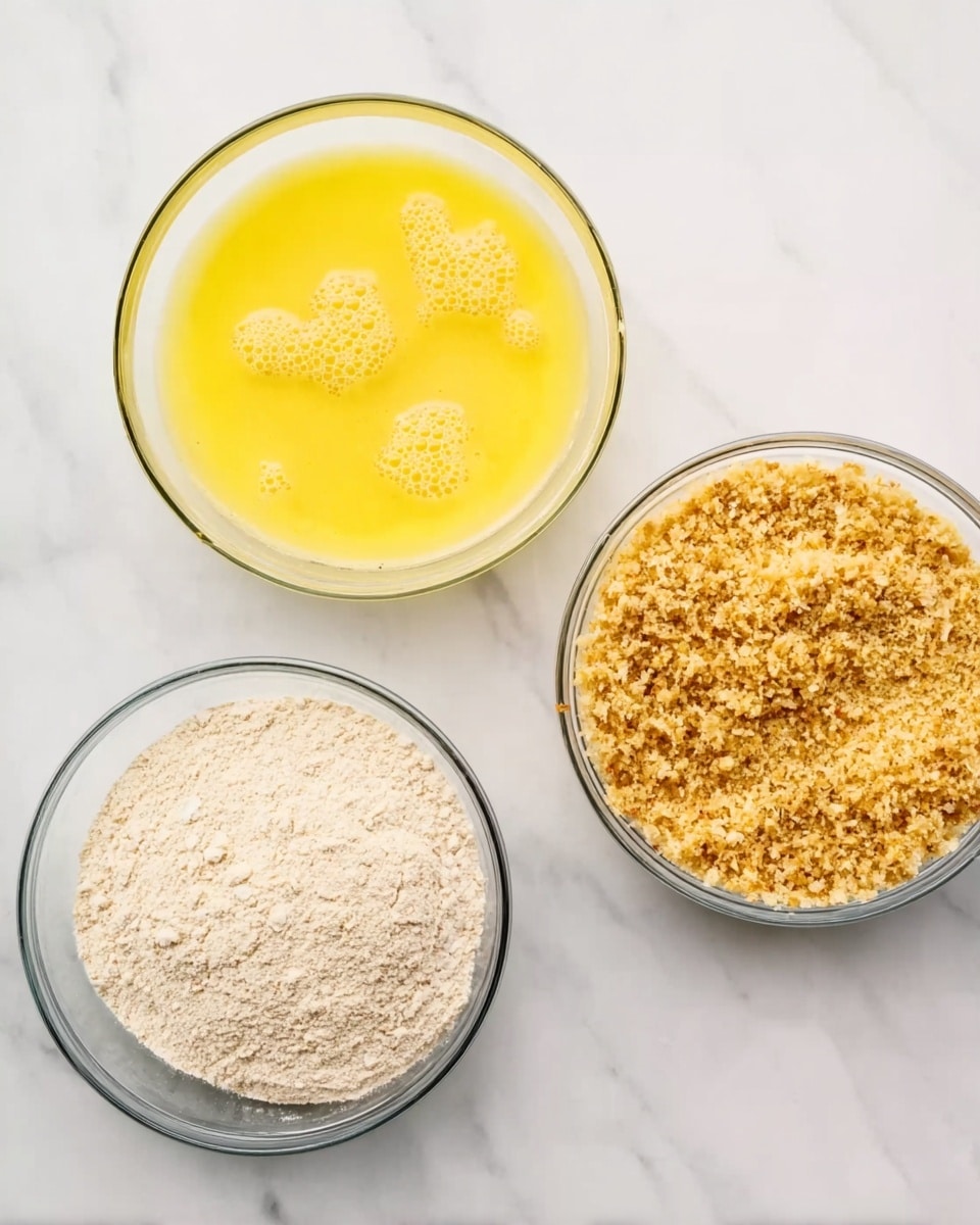 The image shows three clear glass round bowls placed on a white marbled surface. The top bowl contains a yellow mix of beaten eggs with soft texture and visible bubbles on the surface. The bottom left bowl is filled with light beige flour, finely powdered and smooth. The bottom right bowl holds golden brown, crumbly breadcrumbs with a slightly rough texture, layered with small bits giving a crunchy look. The three bowls are arranged in a triangle with the bowl of eggs at the top. Photo taken with an iphone --ar 4:5 --v 7