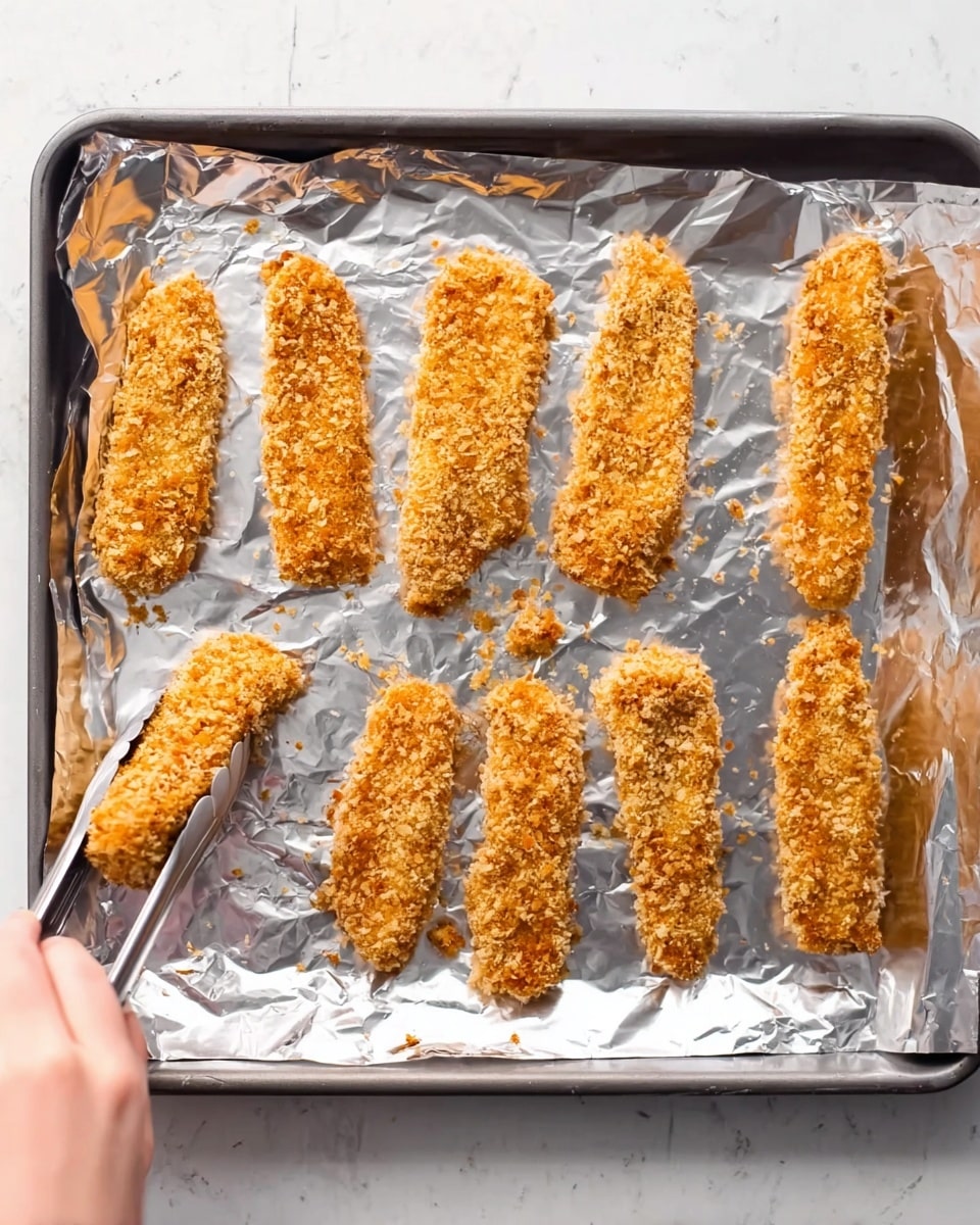 The image shows eight breaded strips placed on a baking tray covered with crinkled silver foil. The strips have a rough, golden-brown coating with small crumbs giving a crunchy texture. Seven strips are arranged in a straight line near the top of the tray, while the last strip is at the bottom left corner, being lifted with silver tongs held by a woman's hand coming from the right side. The background and surface are of white marbled texture. photo taken with an iphone --ar 4:5 --v 7