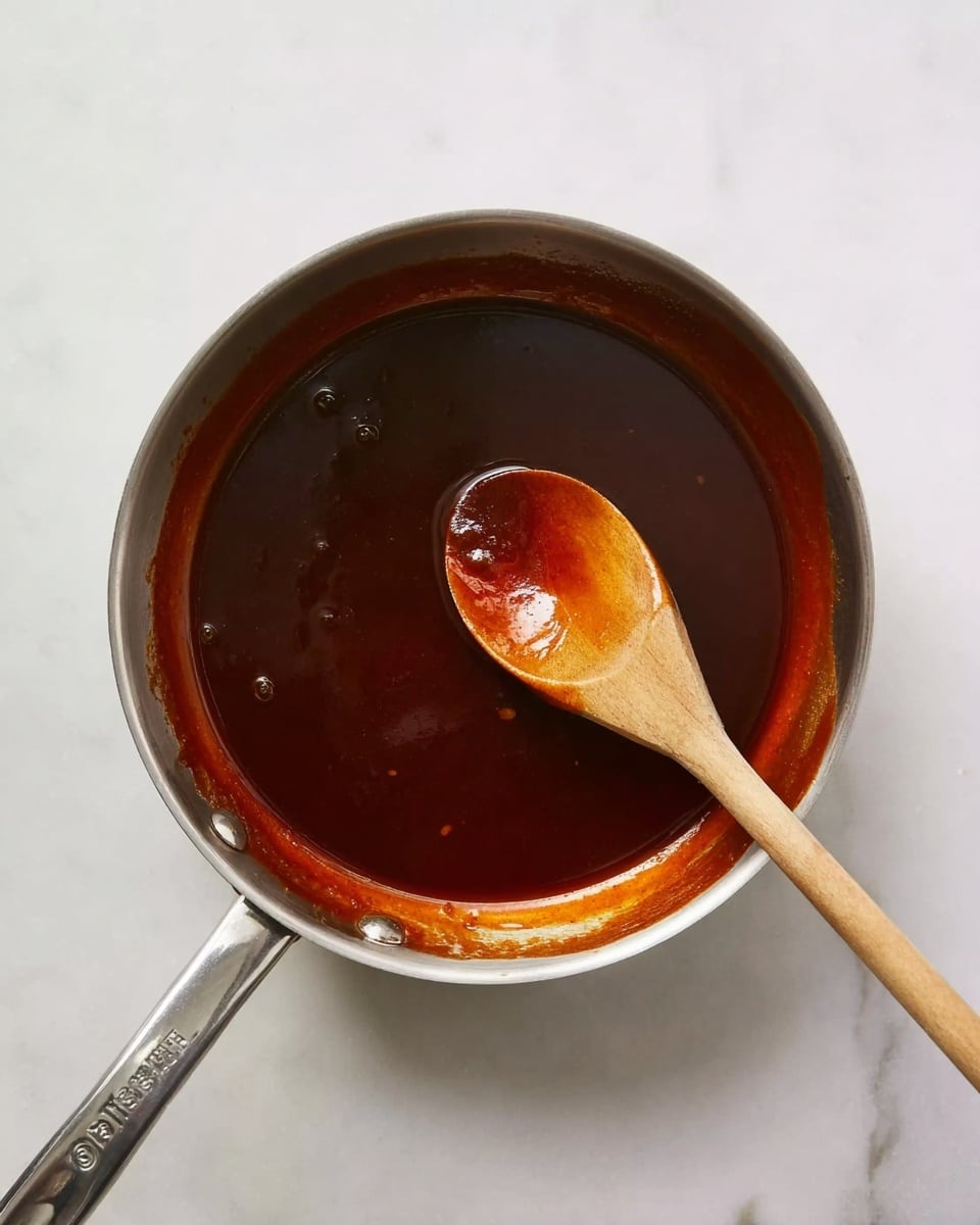 A small silver pan with a smooth, shiny dark reddish-brown sauce covering the bottom. A wooden spoon with a light brown color has some sauce on it and lies inside the pan on the right side. The pan is placed on a white marbled surface. Photo taken with an iphone --ar 4:5 --v 7