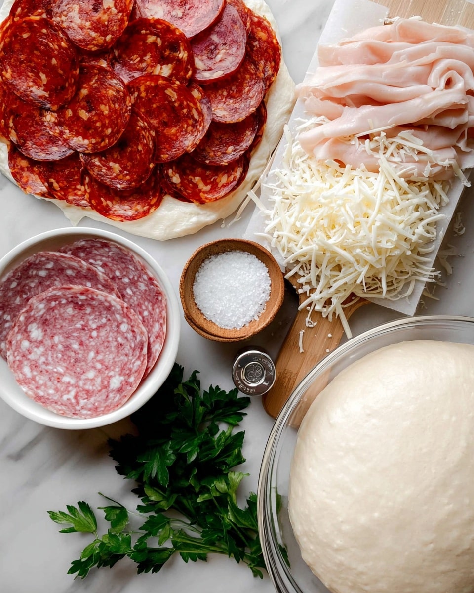 The image shows an overhead view of pizza ingredients arranged on a white marbled surface. On the left side, there are three layers of sliced meats: the top layer is a bright red spicy pepperoni with bits of fat, the middle layer is a pinkish salami with white fat spots, and the bottom layer is light pink sliced turkey. To the right, a white bowl holds shredded white cheese with some scattered on the surface nearby. Below the meats and cheese, fresh green parsley is placed in the center. Near the bottom, a small wooden bowl contains coarse salt, and above it, an opened salt or spice container is visible. On the lower right, a large clear glass bowl is filled with light beige dough that has started to rise. The whole setup looks ready for assembling a pizza. Photo taken with an iphone --ar 4:5 --v 7