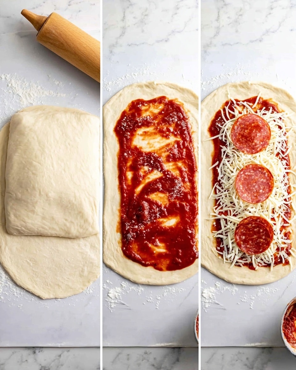 The first image shows a smooth and oval-shaped dough laid out on a white marbled surface, with a rolling pin slightly visible on the side. In the second image, the dough is topped with a thick layer of red tomato sauce spread evenly in the center, followed by a scattered layer of shredded cheese and several slices of pepperoni and salami placed on top. The third image shows the dough partially folded from the edges toward the center, covering some of the toppings while still showing the tomato sauce, cheese, and pepperoni inside, with shredded cheese sprinkled on one fold. Photo taken with an iphone --ar 4:5 --v 7