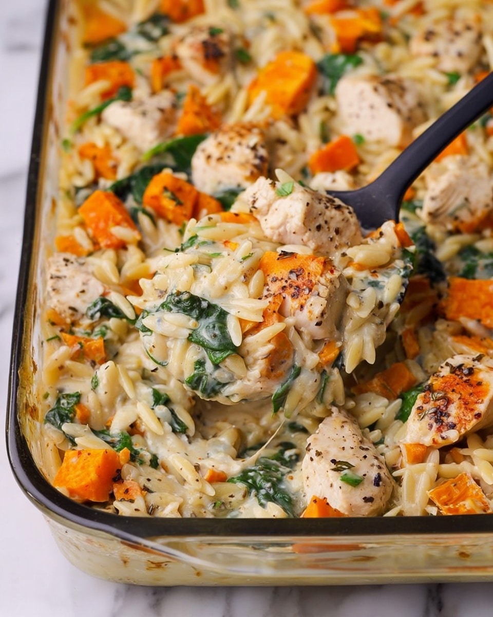 This image shows a creamy baked dish with three main visual layers: soft pieces of white chicken meat seasoned with black pepper on top, bright orange roasted sweet potato cubes scattered throughout, and curled orzo pasta mixed evenly with fresh green spinach leaves, all coated with a light creamy sauce. The dish is in a clear rectangular baking dish on a white marbled surface. A black spoon is lifting some of the mixture from the lower right corner, showing the creamy sauce pooling on the bottom. The textures vary from tender chicken and soft pasta to slightly crisp edges on some sweet potato. Photo taken with an iphone --ar 4:5 --v 7