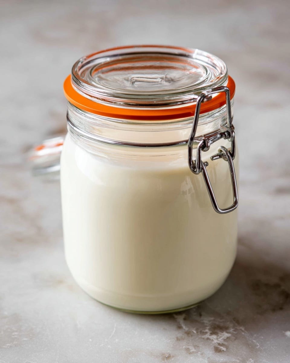 A clear glass jar filled with smooth, creamy white yogurt with a metal clasp and an orange rubber seal around the lid, placed on a white marbled surface background photo taken with an iphone --ar 4:5 --v 7