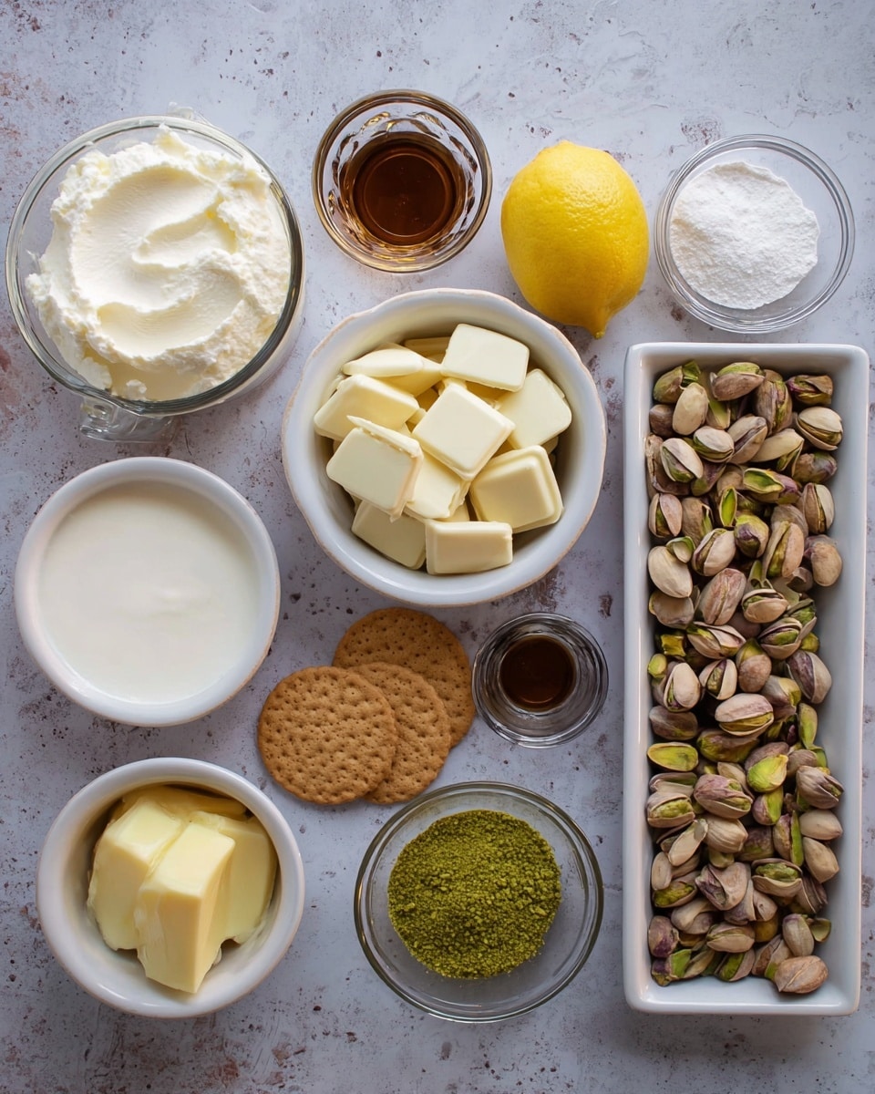 The image shows an overhead view of various ingredients for baking laid out neatly on a white marbled surface. In the center, there is a white bowl filled with white chocolate pieces, below it a smaller white bowl containing soft yellow butter. To the right, a rectangular white dish holds green pistachios with some brown shells, and next to it is a transparent container of round light brown biscuits. On the left side of the image, two white tubs are filled with smooth cream and ricotta cheese, while a glass cup containing soft yellow ricotta is placed near the top left corner. There is a bright yellow lemon placed near the top right, accompanied by a small glass bowl with powdered sugar and another with a dark brown liquid, likely vanilla extract. A glass bowl holding a green powder, possibly matcha or ground pistachios, is also present near the top center. Photo taken with an iphone --ar 4:5 --v 7