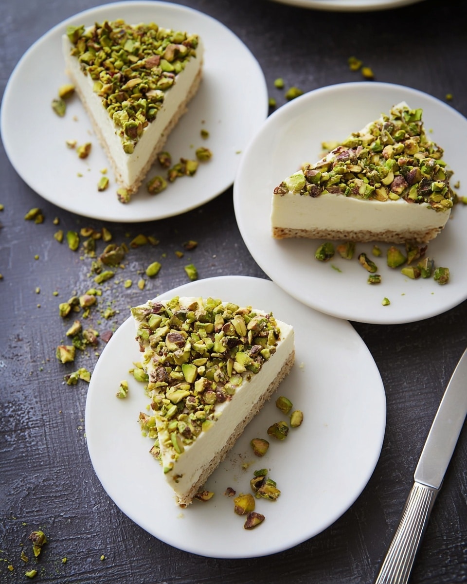 The image shows three triangular slices of a creamy dessert topped with crushed green pistachios on white plates. Each slice has two distinct layers: a light brown crumbly base and a thick, smooth, off-white middle layer. The top layer is fully covered with a generous amount of chopped pistachios, some of which are scattered around the plates. The plates are placed on a dark textured surface, and a silver knife is partially visible in the bottom right corner near one of the plates. photo taken with an iphone --ar 4:5 --v 7