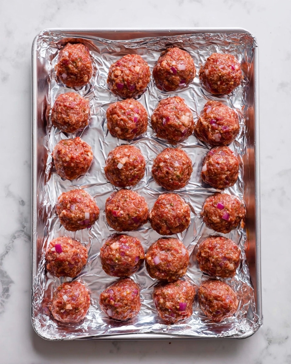 A tray covered with shiny silver foil holds 24 raw meatballs arranged in four rows of six. Each meatball is a round shape with a rough texture, showing small pieces of white and purple onion embedded in the reddish-brown meat mixture. The tray is placed on a white marbled surface, and the image is brightly lit, showing the details and colors clearly. photo taken with an iphone --ar 4:5 --v 7