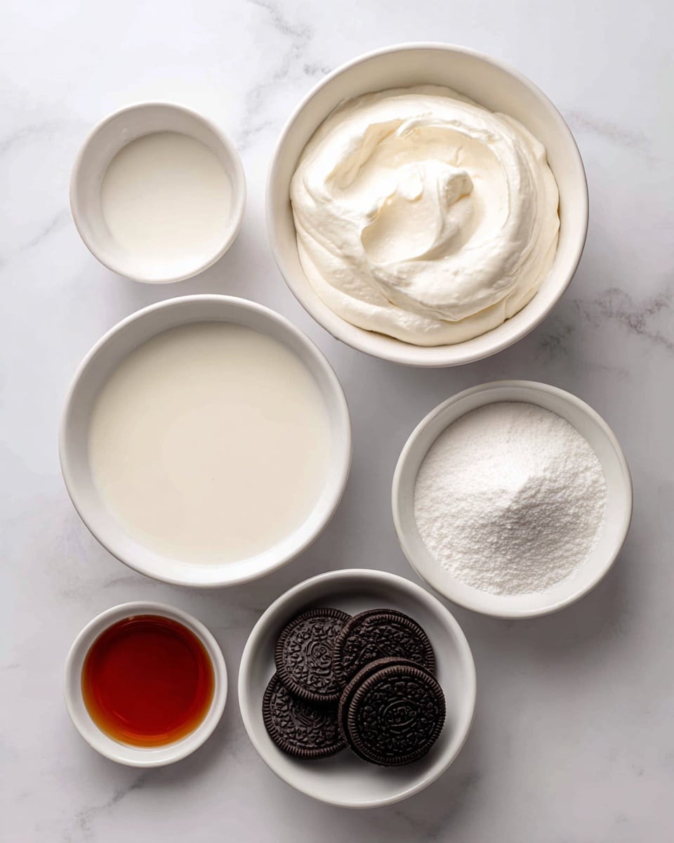 Five white bowls are arranged on a white marbled surface, each holding different ingredients. The largest bowl at the top center is filled with thick white heavy cream. Below it to the left, a medium white bowl contains whole milk, a smooth, light cream color. To the right of the milk, a similar sized white bowl is filled with fine, white powdered sugar. Centered below the heavy cream bowl is another white bowl that holds a stack of black and white Oreo cookies, creating a dark contrast. At the bottom left, a small white bowl holds a reddish-brown vanilla extract liquid. The texture of the white marbled surface contrasts softly with the smooth content of the bowls, with light shining naturally from above. photo taken with an iphone --ar 4:5 --v 7
