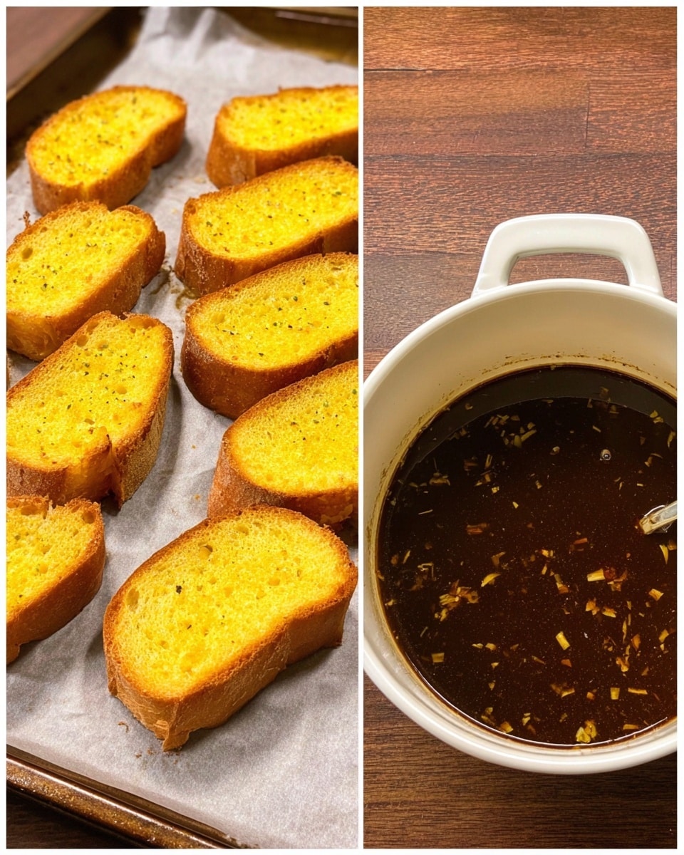 The image shows two parts: on the left side, eight slices of golden yellow garlic bread with a crispy texture are placed in two rows on a baking tray lined with parchment paper; on the right side, a white pot is filled with a dark brown sauce that has a shiny surface and small bits floating in it, sitting on a wooden surface. Photo taken with an iphone --ar 4:5 --v 7