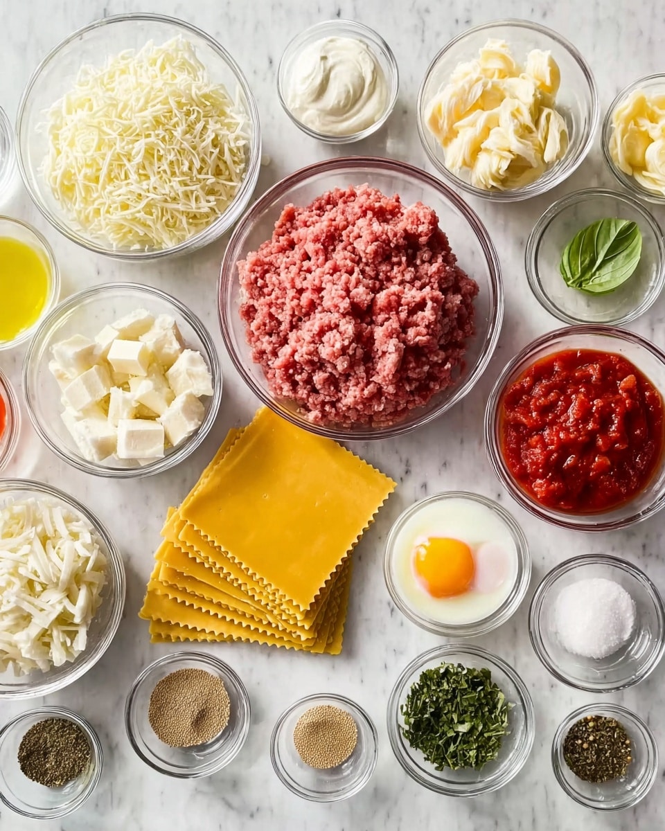 The image shows many small glass bowls with cooking ingredients and a stack of flat, square, yellow pasta sheets arranged in a fanned-out pile on a white marbled surface. In the center, there is a larger glass bowl filled with raw pink ground meat. To the left, a bigger glass bowl holds shredded white cheese. Around these, there are small bowls with finely chopped white onions, tomato paste which is dark red in two bowls, beaten eggs that are yellow, chopped garlic, a white creamy cheese spread, canned red diced tomatoes, and several bowls with different dried herbs and spices in green, beige, and light brown colors. Everything is neatly arranged and evenly spaced. Photo taken with an iphone --ar 4:5 --v 7