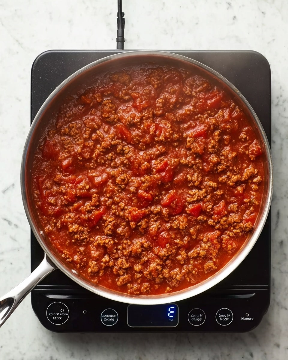 A shiny silver pan filled with thick reddish-brown meat sauce with visible chunks of ground meat and tomato pieces, steaming gently. The pan is sitting on a black electric cooker with a digital display and buttons. The background surface is a white marbled texture. photo taken with an iphone --ar 4:5 --v 7