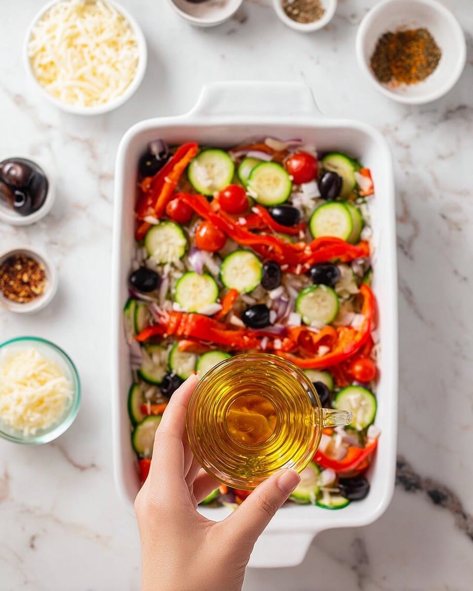A white rectangular baking dish filled with a colorful mix of ingredients arranged in layers: the bottom layer covers the dish with thin round slices of green zucchini, followed by scattered small cherry tomato halves in bright red, then thin strips of red bell pepper spread evenly, and small white onion pieces sprinkled throughout. Black olives are scattered on top, adding dark contrast. A woman's hand holds a small glass container filled with golden olive oil above the dish. The baking dish sits on a white marbled surface, with small bowls of shredded cheese and seasonings placed around. photo taken with an iphone --ar 4:5 --v 7