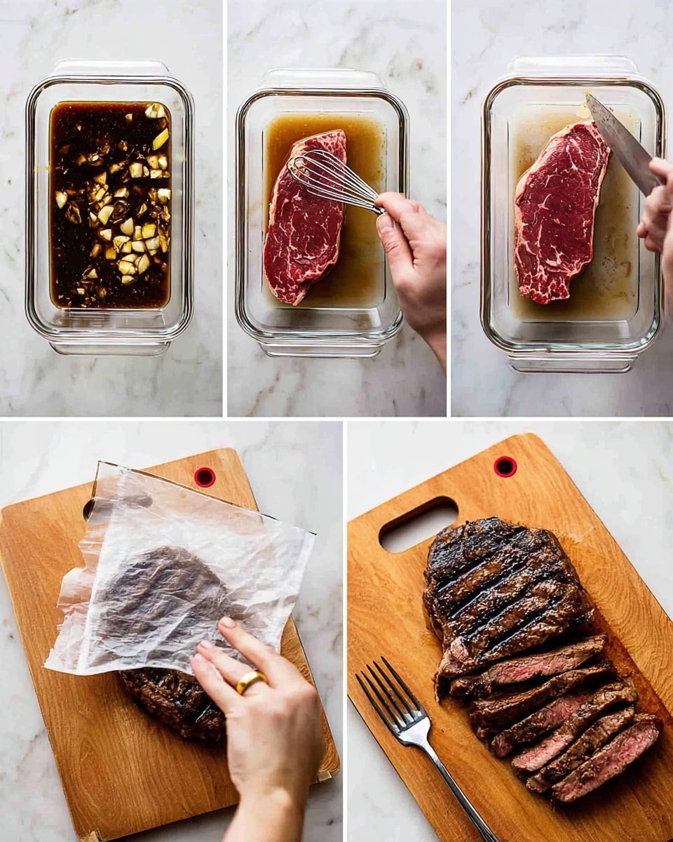 A six-part collage shows the process of marinating and cooking a steak. The first image has a white marbled surface with a clear rectangular container holding dark brown marinade with diced light yellow garlic, stirred by a woman's hand holding a whisk. The second image shows the same container with a single raw steak, deep red with fat marbling, resting on the marinade. The third image displays the container covered with a clear lid held by two woman's hands. The fourth image shows a woman's hand with a gold ring patting the marinated steak dry with a white paper towel over a white marbled surface. The fifth image shows the cooked steak, dark brown with black grill marks, placed on a wooden cutting board with a red hole near the top left corner. The final image shows the steak sliced into thick pieces on the same wooden board, revealing a warm pink inside, with a fork on the right side. photo taken with an iphone --ar 4:5 --v 7