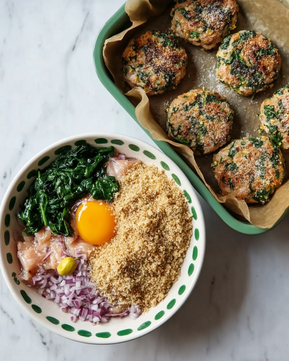 The left image shows a white bowl with green dots filled with six layers of ingredients: a layer of raw pink chicken at the bottom, topped with a raw egg yolk in bright yellow-orange, chopped light purple onions to the side, green leafy spinach, a large pile of light brown breadcrumbs covering most of the chicken, and a small dollop of smooth yellow mustard on top. The bowl sits on a white marbled surface. The right image shows six round patties with a mix of light brown, green spinach, and pale purple onion bits baked on crumpled brown parchment paper inside a green baking pan, all on a white marbled surface. Photo taken with an iphone --ar 4:5 --v 7