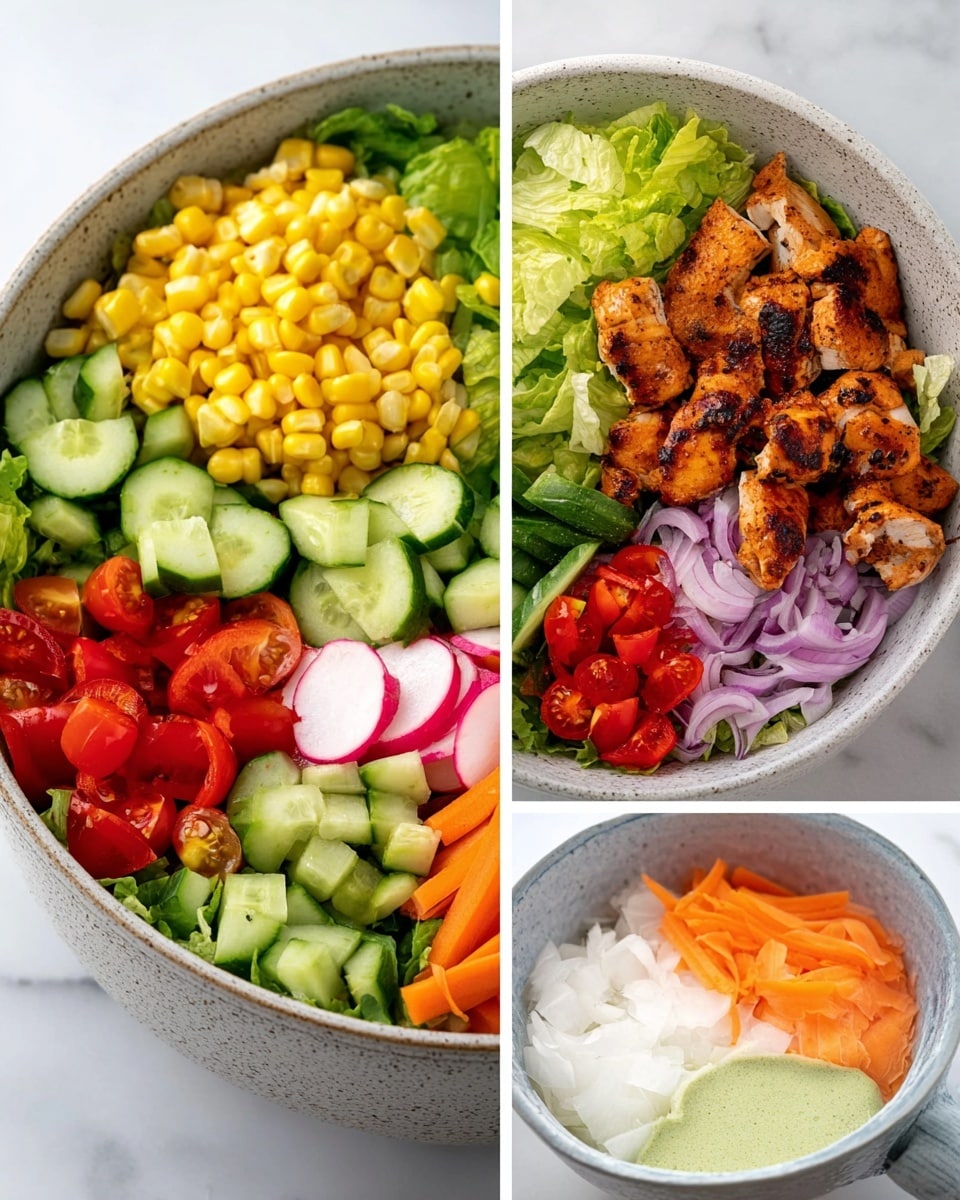 The last image shows a bowl of salad with layered colors and textures. The base layer is light green lettuce leaves covering nearly the whole bowl. On one side, there are bright yellow corn kernels, beside which are sliced light green cucumber pieces. Next to the cucumber, there are thin orange carrot sticks. Near the carrots, small bright red cherry tomato halves and red roasted pepper strips add color. To one side, small white and pink radish slices sit beside light purple thin onion strips. The center of the bowl has pieces of grilled chicken with brown char marks on the surface. The bowl has a light gray speckled texture, and the background is a white marbled surface. Photo taken with an iphone --ar 4:5 --v 7