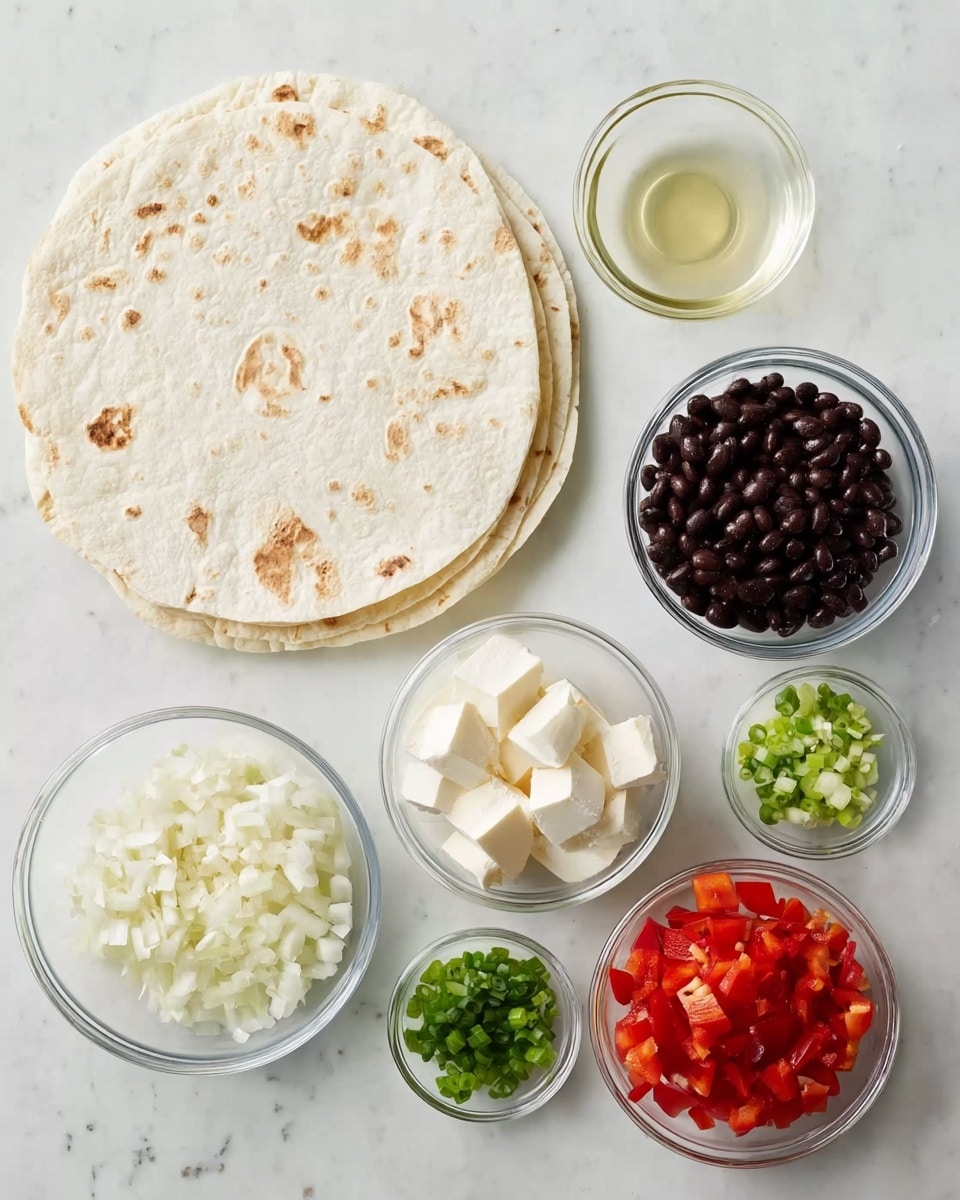 The image shows a white marbled surface with nine clear glass bowls arranged on it. On the left side, there are three large stacked white tortillas with light brown spots. Above the tortillas is a small bowl with a translucent liquid, likely oil or vinegar. To the right of the tortillas, there are five bowls: one with white cubed cheese, one with chopped white onions, one with whole black beans, one with red bell pepper pieces, and two smaller bowls with minced garlic and chopped green onions. The colors contrast clearly, with white, red, black, and green ingredients organized neatly. The scene is bright and clean, perfect for a cooking setup photo taken with an iphone --ar 4:5 --v 7