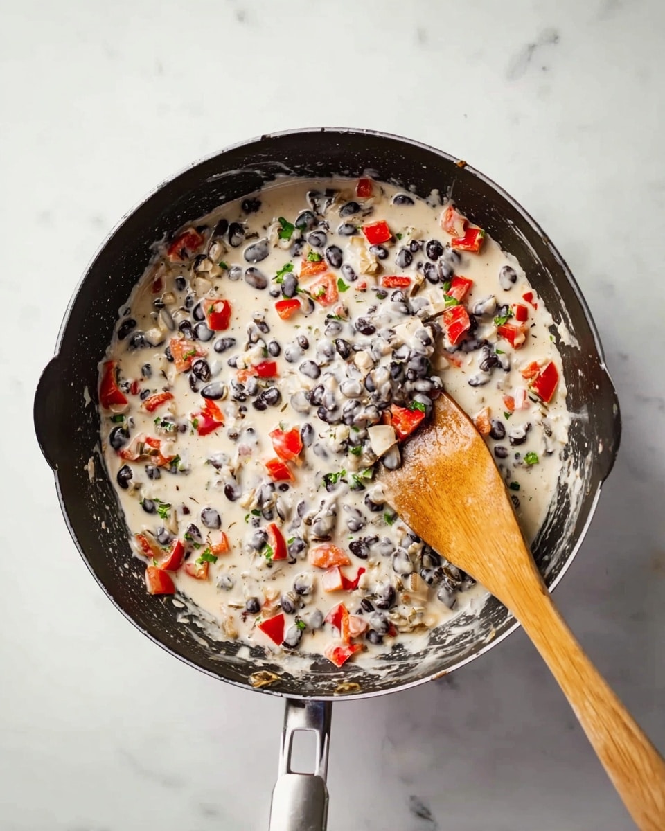 A black cooking pan on a white marbled surface filled with a creamy mixture that has three visible layers: creamy white sauce base, black beans giving a dark, bumpy texture throughout, and bright red diced pieces of bell pepper scattered evenly. There are also small bits of green herbs sprinkled on top. A wooden spoon is partially dipped into the mixture, showing creamy texture clinging to it. The pan handle is visible at the top right corner. Photo taken with an iphone --ar 4:5 --v 7