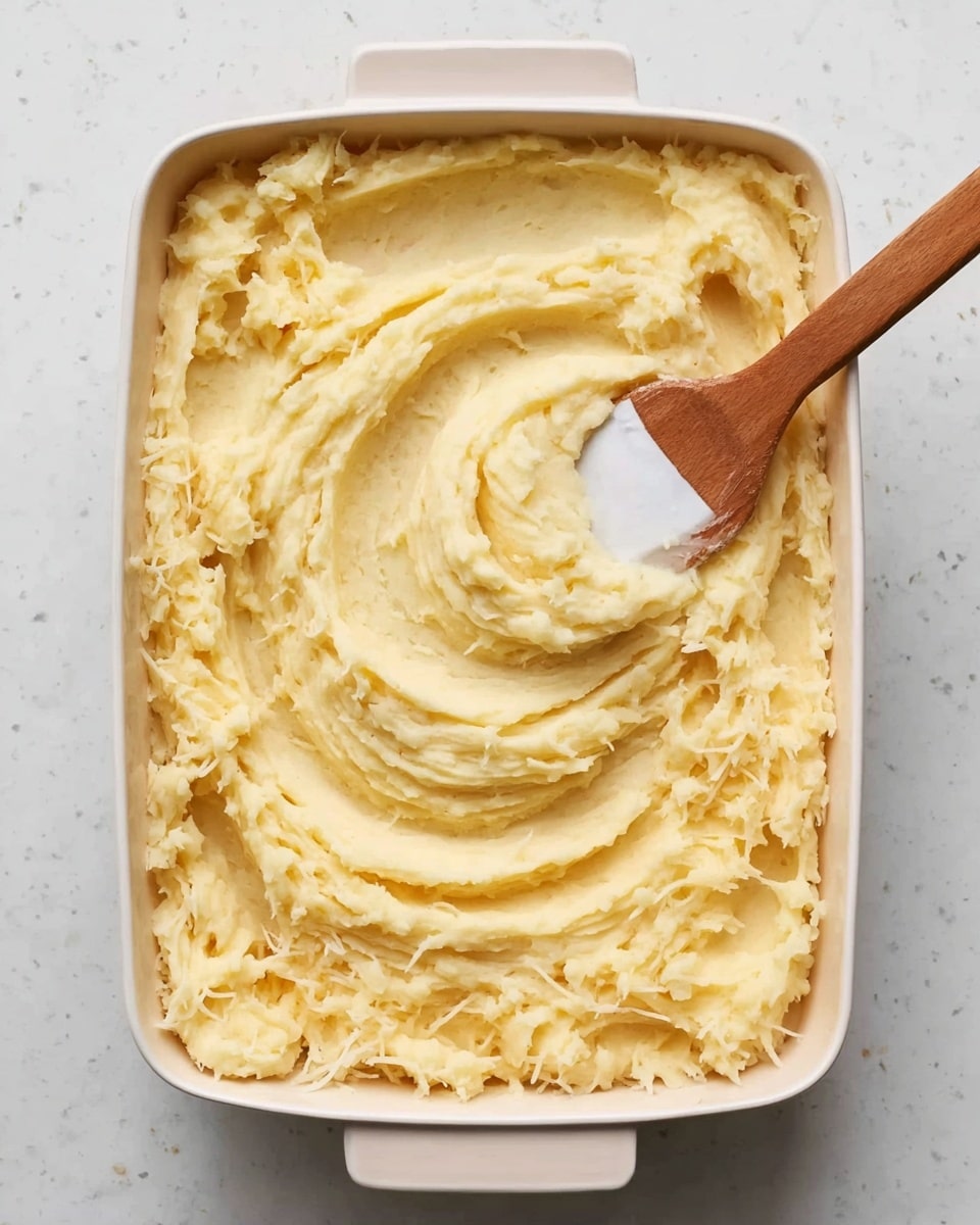 A white rectangular baking dish filled with an even layer of soft mashed potato, creamy pale yellow in color, spread across the entire surface, with a wooden spoon with a white head resting on the right side inside the dish, showing a circular swirl pattern made by the spoon. The dish sits on a white marbled textured surface. photo taken with an iphone --ar 4:5 --v 7