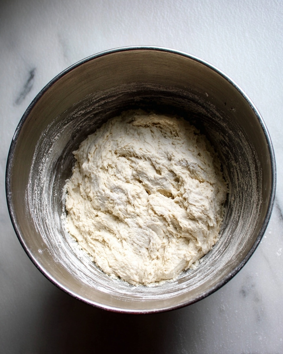 A large silver mixing bowl filled with one layer of pale, rough, sticky dough that has a slightly lumpy texture. The inside of the bowl shows streaks of dough residue and flour powder around the edges. The bowl sits on a white marbled surface. photo taken with an iphone --ar 4:5 --v 7