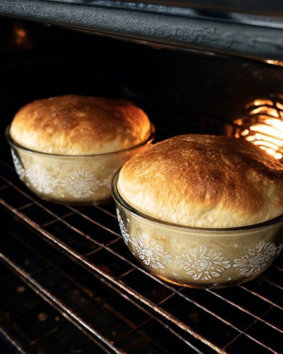 Two large bread doughs are rising in round clear glass bowls inside a dark oven with a glowing light on the right side. Each dough has a golden brown top that looks soft and fluffy, while the sides show the dough expanding above the bowl edges. The glass bowls have a simple white floral pattern on their sides. The oven racks are black metal, and the background has a dark, slightly shiny texture from the oven interior. Photo taken with an iphone --ar 4:5 --v 7