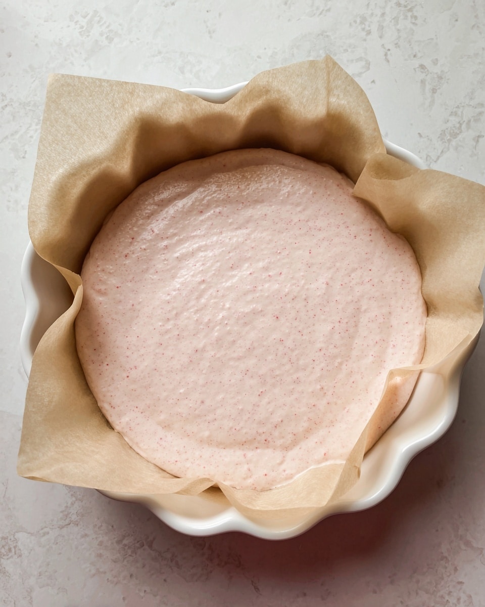 The image shows a white scalloped ceramic dish lined with light brown parchment paper folded neatly on all sides. Inside the dish, there is one thick, smooth layer of pale pink creamy mixture with small darker pink specks spread evenly, filling the bottom of the dish. The dish rests on a white marbled surface, and the texture of the mixture looks soft and airy. photo taken with an iphone --ar 4:5 --v 7