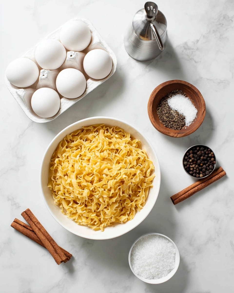 A top view of cooking ingredients arranged on a white marbled surface, showing a large white bowl filled with dry, yellow egg noodles in the lower center; to the top left of the bowl is a white ceramic egg holder containing four white eggs; above the bowl is a small wooden bowl with coarse salt; to the right of the salt sits a silver oil dispenser; at the upper left there is a small round metal dish holding black peppercorns; three cinnamon sticks are placed around the bowl, two on the right side and one below; a small white bowl filled with white granulated sugar is positioned to the lower right of the noodles, photo taken with an iphone --ar 4:5 --v 7