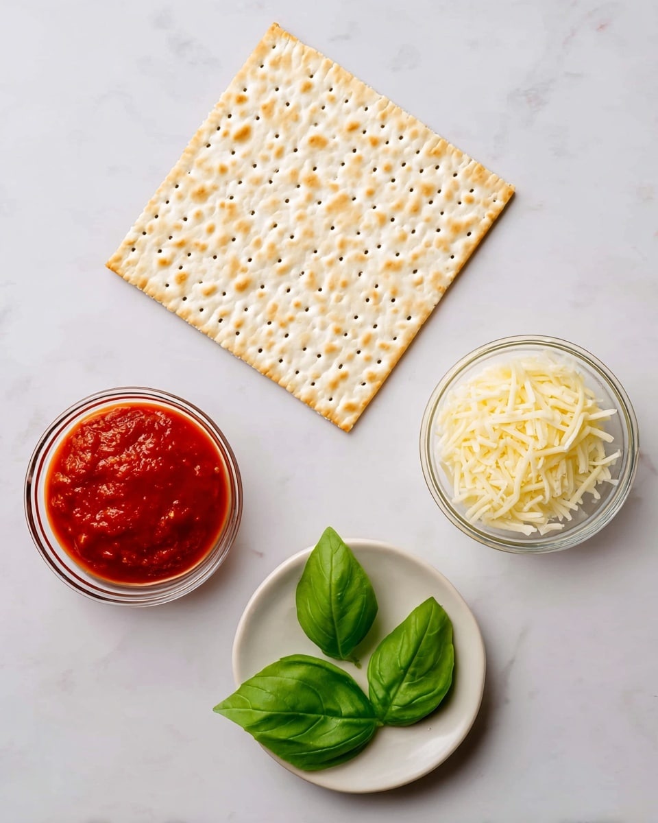 A flat square matzo cracker with a light beige color and small, evenly spaced holes is placed on the top left over a white marbled surface. To the bottom left of the matzo is a small clear glass bowl filled with bright red, slightly chunky pizza sauce. To the right of the sauce bowl is another small clear glass bowl containing shredded pale yellow cheese. Below the cheese bowl and centered is a small white plate with a few large fresh bright green basil leaves arranged neatly. All items are spaced with clean, bright lighting, photo taken with an iphone --ar 4:5 --v 7