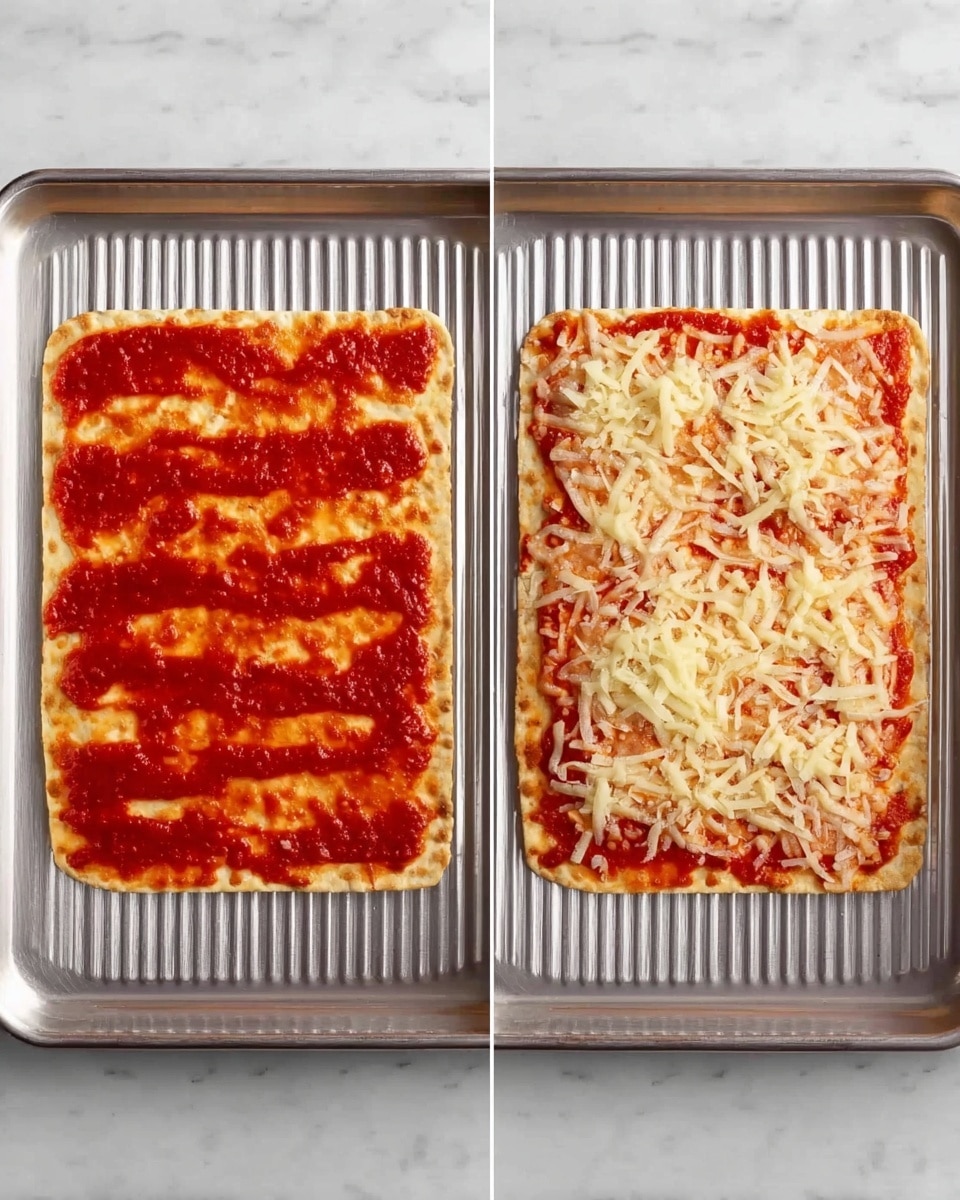 The image shows two square flatbread pizzas side by side on a silver baking tray with ridges, placed on a white marbled surface. On the left, the flatbread is spread evenly with bright red tomato sauce, covering the whole top layer with a smooth texture and visible ridged lines from the tray. On the right, the same flatbread has a thick layer of shredded pale yellow cheese spread evenly on top of the tomato sauce, with small gaps showing the red sauce beneath. Photo taken with an iphone --ar 4:5 --v 7