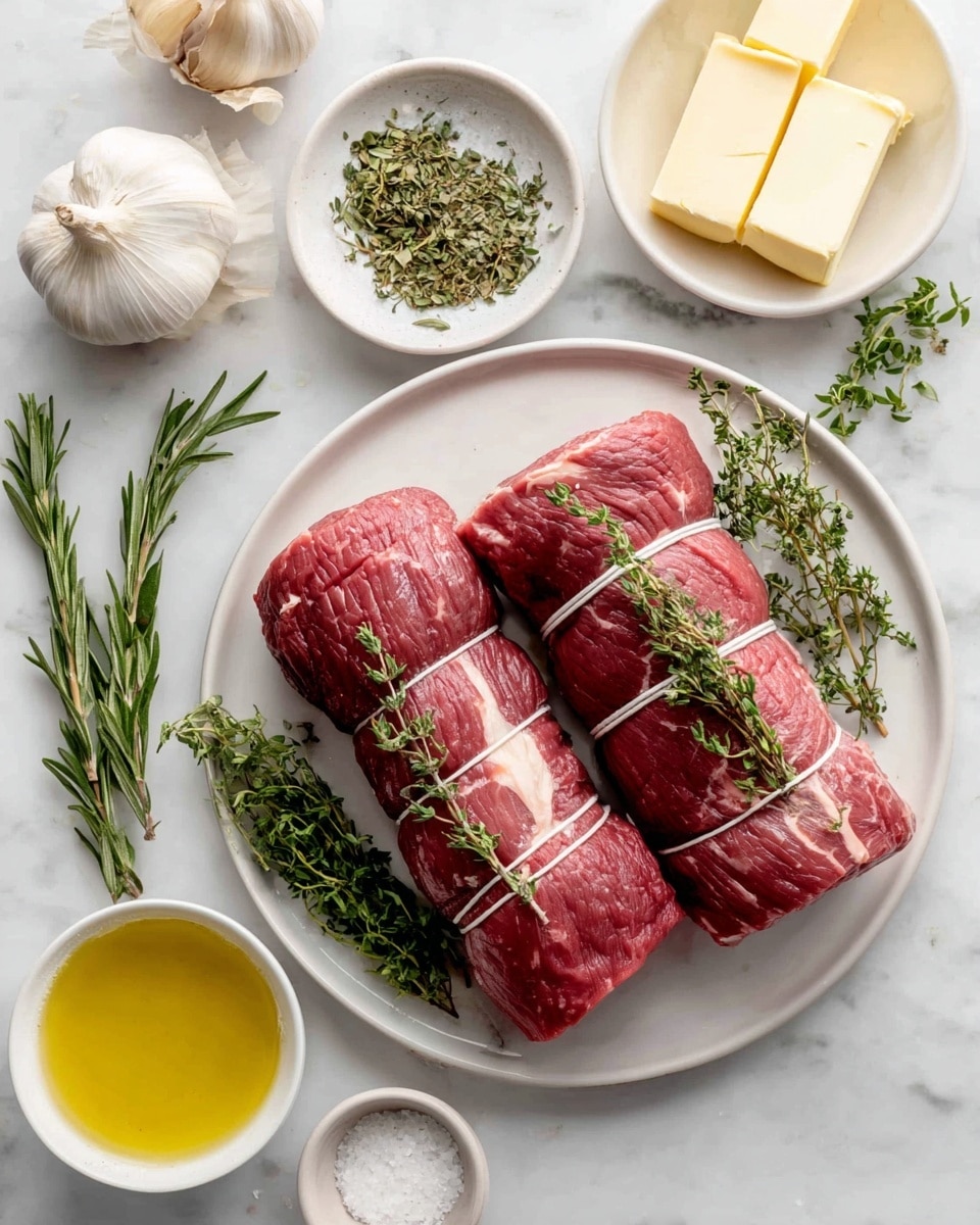 The image shows two large pieces of raw beef tenderloin tied with string, placed side by side on a white plate over a white marbled surface. Around the plate, there are fresh herbs including thyme and rosemary sprigs, a head of garlic, a small white bowl with a few sticks of butter, a small glass bowl of avocado oil, and a small white bowl containing salt and pepper. The scene is clean and bright with a focus on the ingredients. Photo taken with an iphone --ar 4:5 --v 7