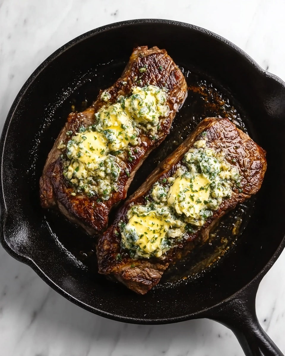Two cooked brown grilled steaks lie side by side in a black cast iron pan. Each steak is topped with a creamy yellow and white herb butter that has partially melted, creating a slightly uneven spreading on the surface. The steaks show some charred lines and a textured crust from cooking. The pan rests on a white marbled texture surface, showing subtle veins and a smooth finish. photo taken with an iphone --ar 4:5 --v 7