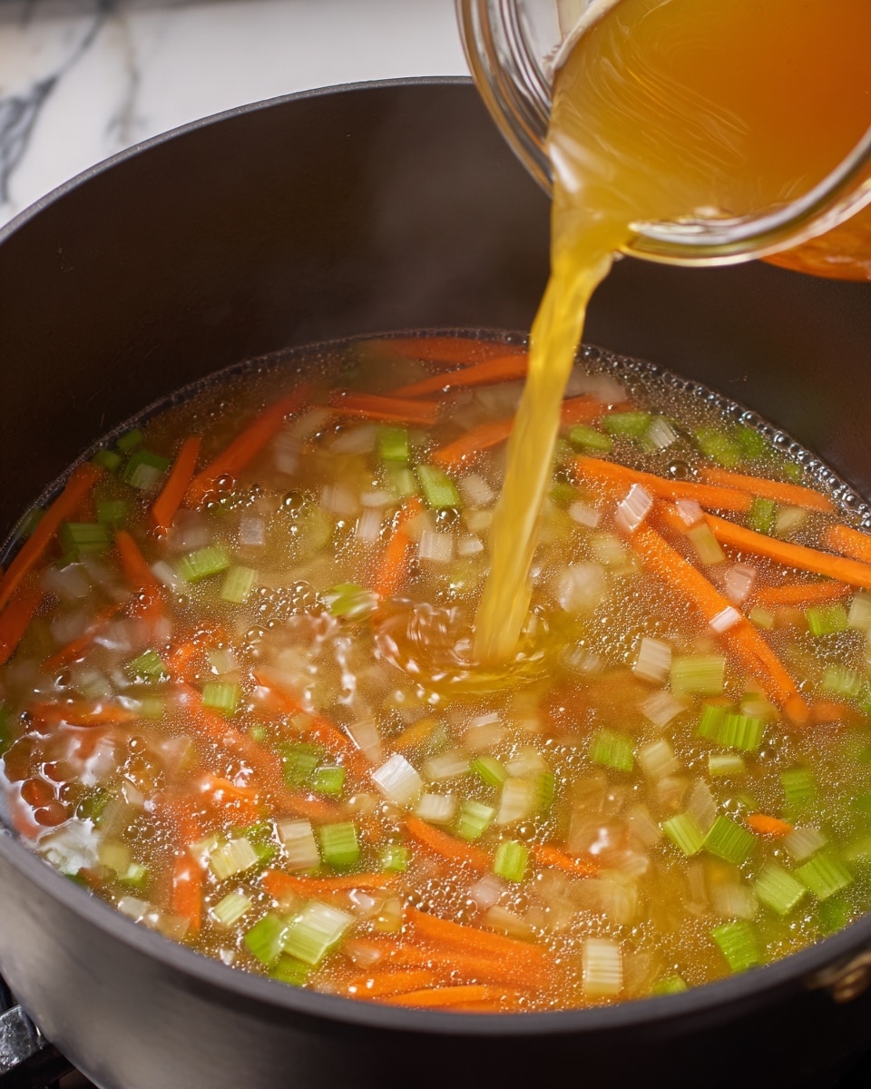 A close-up view of a black pot filled with a mix of thin orange carrot sticks, small green celery pieces, and light beige onion bits submerged in a bubbling clear broth. From the top right corner, a jar pours more golden broth into the pot, creating ripples and bubbles on the surface. The pot sits on a stove with the background changed to a white marbled texture. photo taken with an iphone --ar 4:5 --v 7