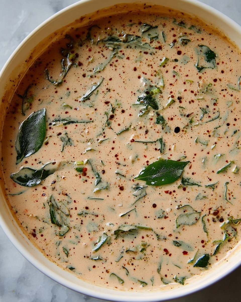 The image shows a white bowl filled with a creamy sauce that has a light brown color with specks of black and red spices scattered throughout. Floating within the sauce are fresh green leaves, some whole and some torn, adding contrast and texture to the smooth liquid. The sauce appears thick and well mixed, with small bits of herbs or seasoning visible throughout. The edges of the bowl show slight splashes of sauce. The bowl is placed on a white marbled surface. photo taken with an iphone --ar 4:5 --v 7