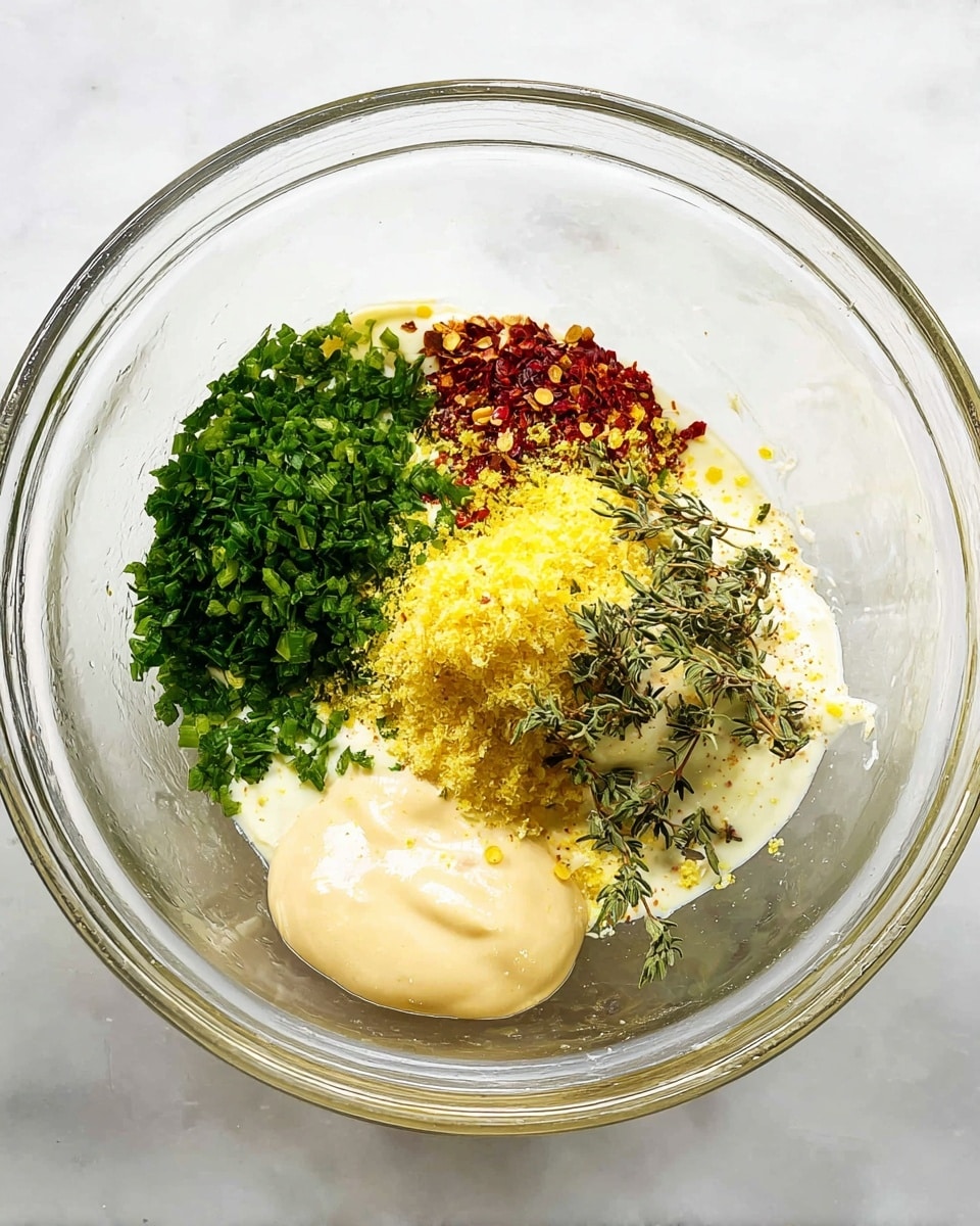 A clear glass bowl contains several layers of ingredients arranged side by side without mixing. On the left, there is a mound of finely chopped bright green herbs. Next to it, there is a sprinkle of yellow lemon zest resting on a white creamy base. To the right, there is a cluster of small red chili flakes and dried green thyme leaves atop the creamy layer. Finally, a thick dollop of light beige mustard sits in the lower right part of the bowl. The bowl is placed on a white marbled surface. photo taken with an iphone --ar 4:5 --v 7