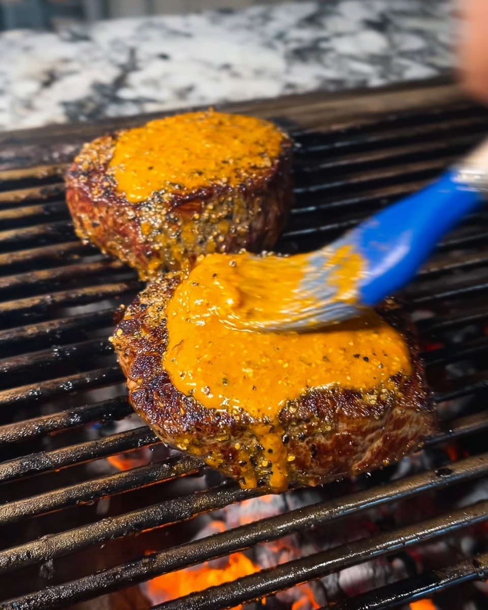 Two thick, round steaks are cooking on black grill bars over glowing orange and white charcoal. Both steaks have a dark brown, seared crust with visible pepper and spices. A layer of bright orange sauce is being brushed evenly over the top surface of the steaks with a blue brush held by a woman's hand. The grill bars run vertically in the image, and the heat gives a shiny, oily look to the sauce on the meat. The background has a white marbled texture. photo taken with an iphone --ar 4:5 --v 7