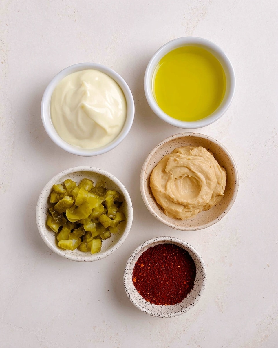 The image shows five small white bowls arranged on a white marbled surface. The top-left bowl contains a smooth, creamy off-white sauce with a soft texture. To its right, the top-right bowl holds a clear, bright yellow-green liquid, likely oil, with a shiny surface. Below, on the bottom-left, a bowl is filled with small, chopped green pickles that have a slightly wet and uneven texture. To the right of the pickles, there is a speckled ceramic bowl with a thick, light brown mustard-like paste. The far-right bottom bowl, also speckled ceramic, is filled with a fine, dark red powder, probably a spice. The bowls are spaced evenly, creating a neat, organized look. photo taken with an iphone --ar 4:5 --v 7