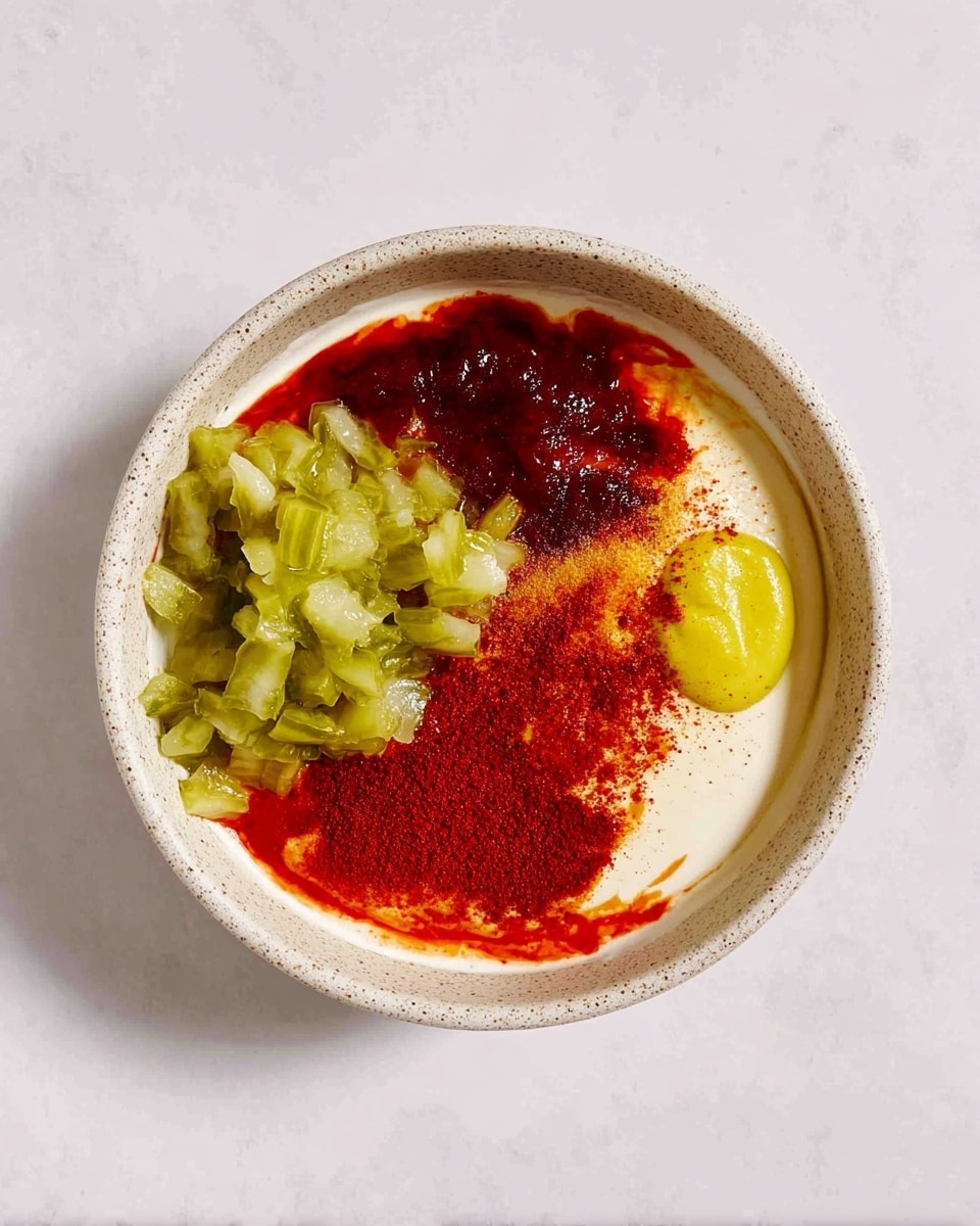 A round, light speckled white bowl sits on a white marbled surface. Inside, the dish has four main layers: the bottom layer is a smooth, thick white base spread evenly across the bowl. On top, there is a pile of chopped green pickles on one side. Beside the pickles, there is a bright yellow dollop of mustard. Next to the mustard, a deep red sauce covers half the dish and blends outward. A pile of red powder is placed on top of the red sauce near the center. The colors contrast clearly in the bowl, showing texture from smooth cream to chunky pickles and smooth sauces, all within the round white bowl. photo taken with an iphone --ar 4:5 --v 7