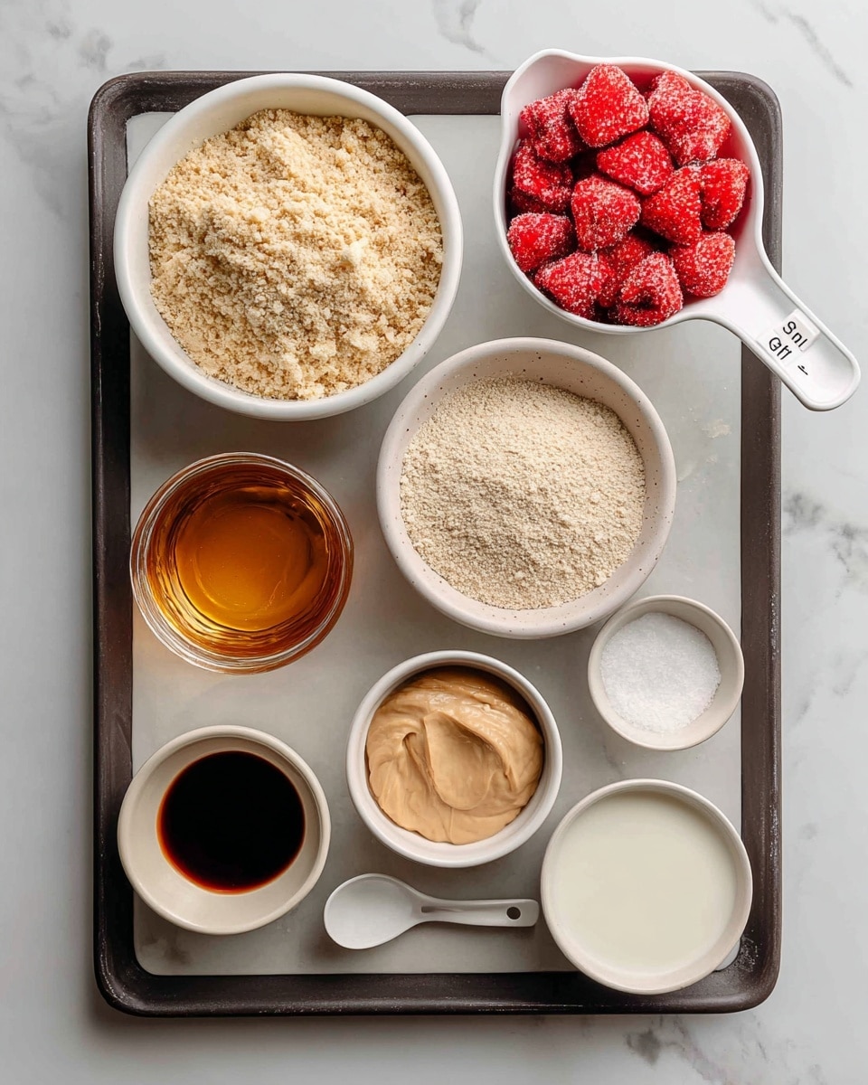 The image shows a white bowl filled with light tan almond flour with a crumbly texture placed on the left side of a dark tray. Next to it on the right top corner is a white metal measuring cup holding bright red freeze-dried strawberry pieces with a rough texture. Below the almond flour bowl is a small glass container of golden honey that looks thick and sticky. Near the center of the tray, there is a small white bowl with pale beige protein powder that looks soft and powdery. To its right is a small white bowl filled with smooth, light tan cashew butter, accompanied by a white spoon on the side. Below the honey and protein powder, two small, white round containers hold dark brown vanilla liquid and white milk, respectively. A tiny white container labeled as salt sits near the cashew butter. The tray is set on a white marbled surface. photo taken with an iphone --ar 4:5 --v 7