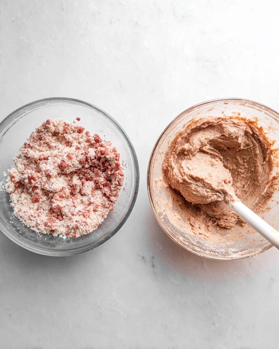 Two clear glass bowls sit side by side on a white marbled surface, the one on the left filled with a dry mix that has light pink and reddish brown colors and some small chunks, while the bowl on the right holds a thick, creamy paste of similar pinkish-brown color with a white spatula resting inside it, partially covered with the paste, showing some texture from mixing photo taken with an iphone --ar 4:5 --v 7