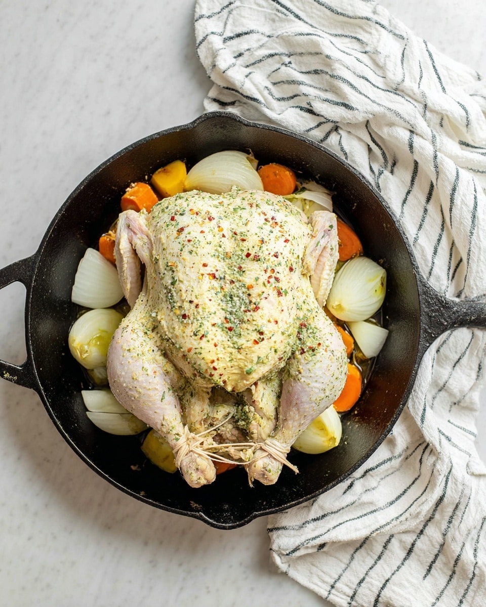 A whole raw chicken lies in the center of a black cast iron pan, coated with a light green herb butter and sprinkled with black pepper and red chili flakes. Around the chicken, there are chunky white onion pieces and whole cloves of pale yellow garlic, with a few pieces of orange carrot peeking out. The chicken legs are tied together with a string, and the pan is placed on a white marbled surface. To the right side, a white cloth with black stripes is casually draped. Photo taken with an iphone --ar 4:5 --v 7