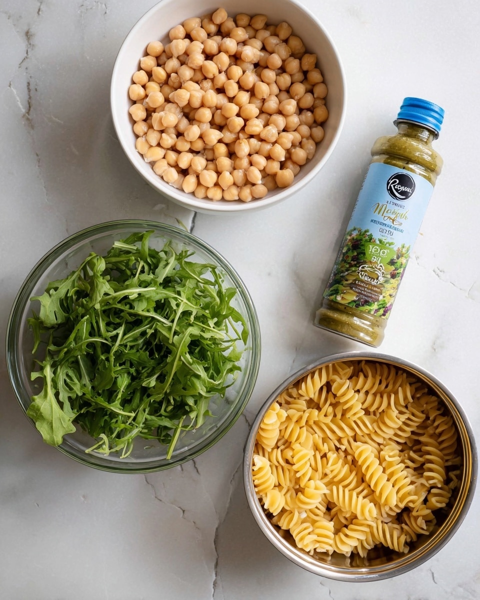 The image shows four items on a white marbled surface: a white bowl at the top filled with round, light brown chickpeas; below it to the left, a clear glass bowl containing fresh green arugula leaves; to the right of the glass bowl, a bottle of Mediterranean green vinaigrette with a blue cap and a label showing green herbs and onions; at the bottom right, a stainless steel bowl full of cooked, yellow spiral pasta. The items are spaced apart evenly, and the lighting is soft and natural. photo taken with an iphone --ar 4:5 --v 7