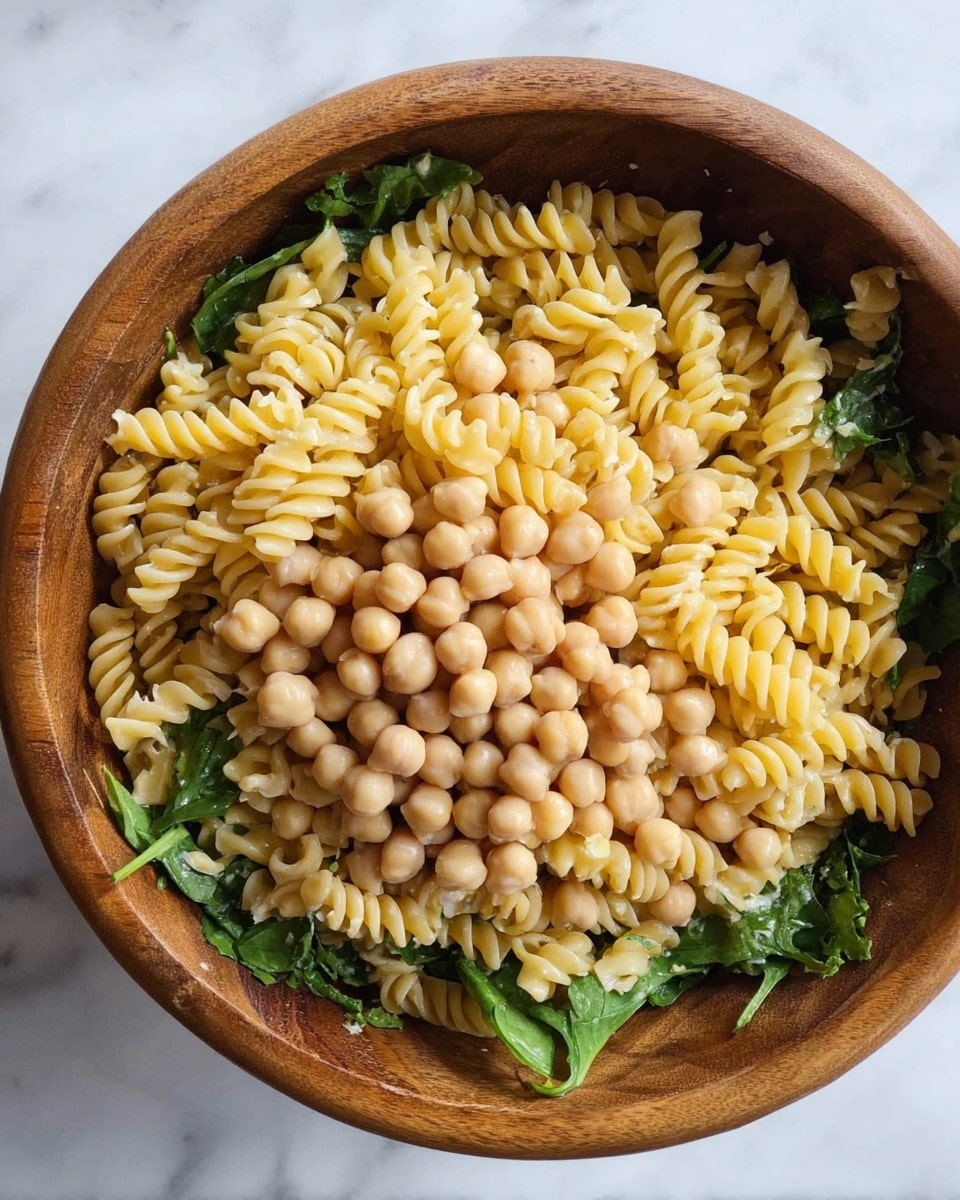 In a wooden bowl, there is a base layer of green leafy vegetables visible around the edges, topped with a thick middle layer of yellow spiral pasta spread evenly, and a generous top layer of light beige chickpeas covering the center. The textures show the pasta as smooth and slightly glossy, the chickpeas as round and matte with a slight shine, and the greens as fresh and leafy mostly hidden beneath. The bowl sits on a white marbled surface. photo taken with an iphone --ar 4:5 --v 7