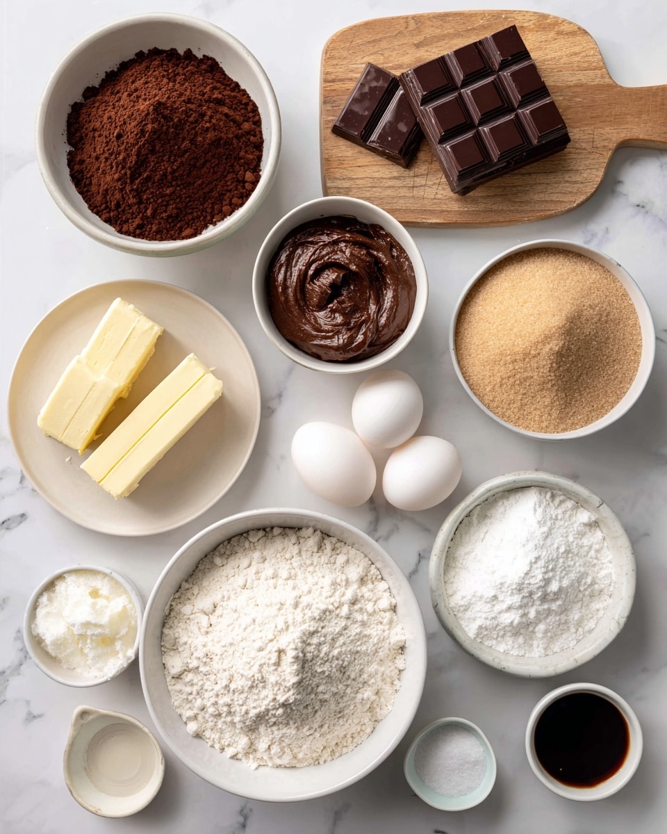 The image shows several white bowls and plates on a white marbled surface, each holding different baking ingredients. In the top left, a white bowl holds dark brown cocoa powder, next to it on a wooden board is a block of dark chocolate broken into smaller pieces. To the right, a small white bowl contains a dark brown brownie frosting. Below the frosting, another white bowl has light brown sugar. A large white bowl at the bottom is filled with a white flour mixture, labeled flour, baking powder, and salt. To the left of the flour bowl, two sticks of butter sit on the surface. Between the bowls of brown sugar and flour mixture, two white eggs lie side by side. In the center near the eggs, a small white bowl contains sourdough discard, and next to it, a tiny white cup holds dark vanilla extract. Another white bowl near the flour has white sugar. The setup is neat and organized, with all ingredients evenly spaced, ready for use, photo taken with an iphone --ar 4:5 --v 7